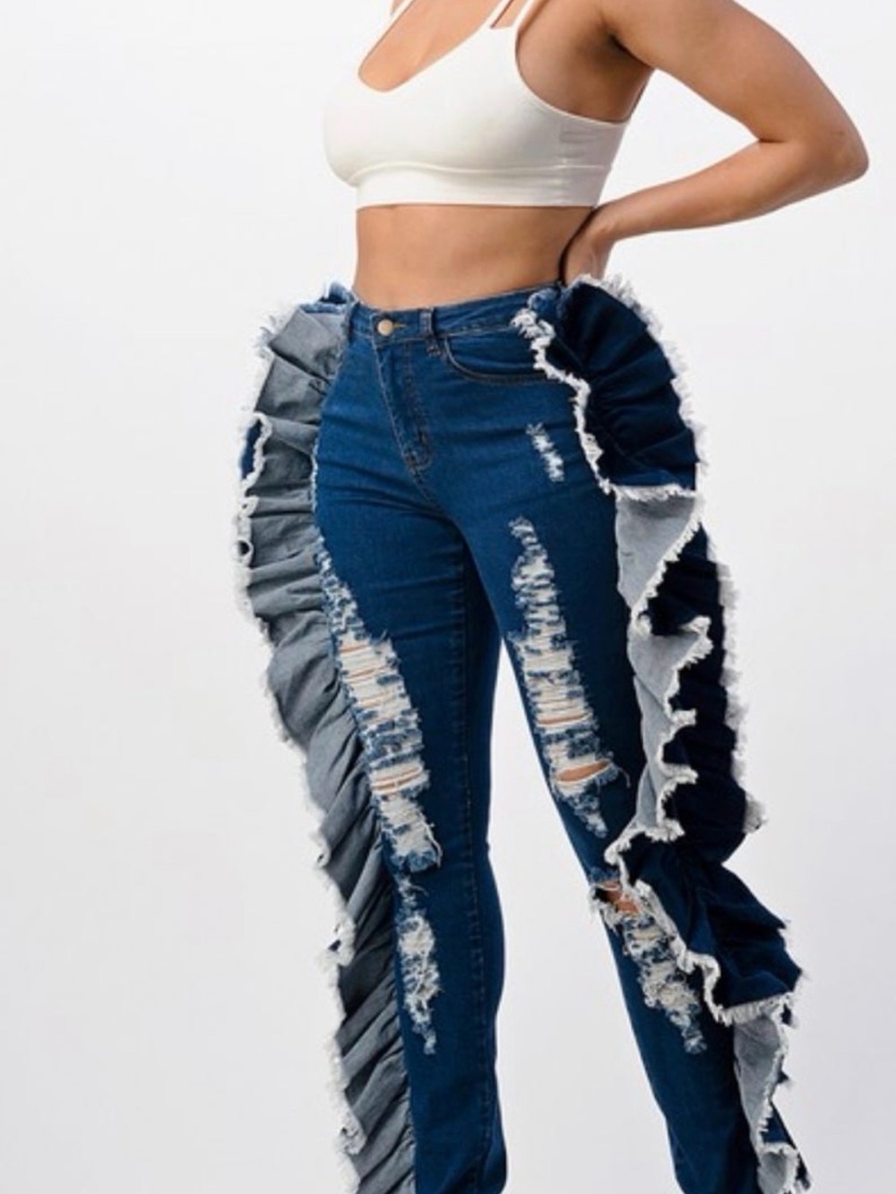 “Mermaid Tingz” High-Rise Ruffle-Trim Distressed Skinny Jeans in Blue